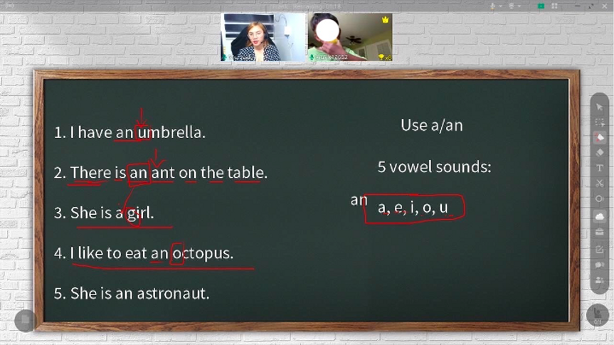 Teacher Jadey introducing vowels in class